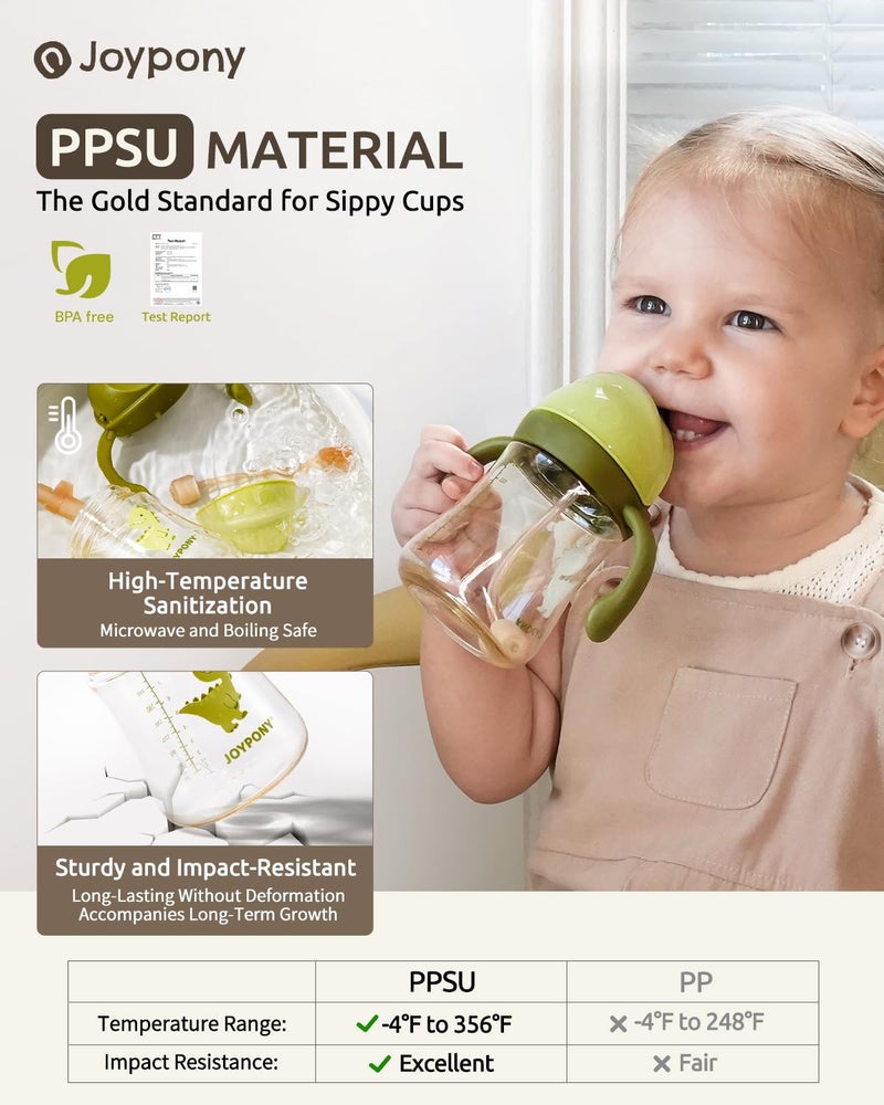Joypony Sippy Cups for Toddlers 1-3, Spill Proof Weighted Straw Cup with Handle for Baby 6 Months + old, 2 Pack, Total 4 Silicone Straws, PPSU, BPA Free, 9 oz (Green) - Image 2